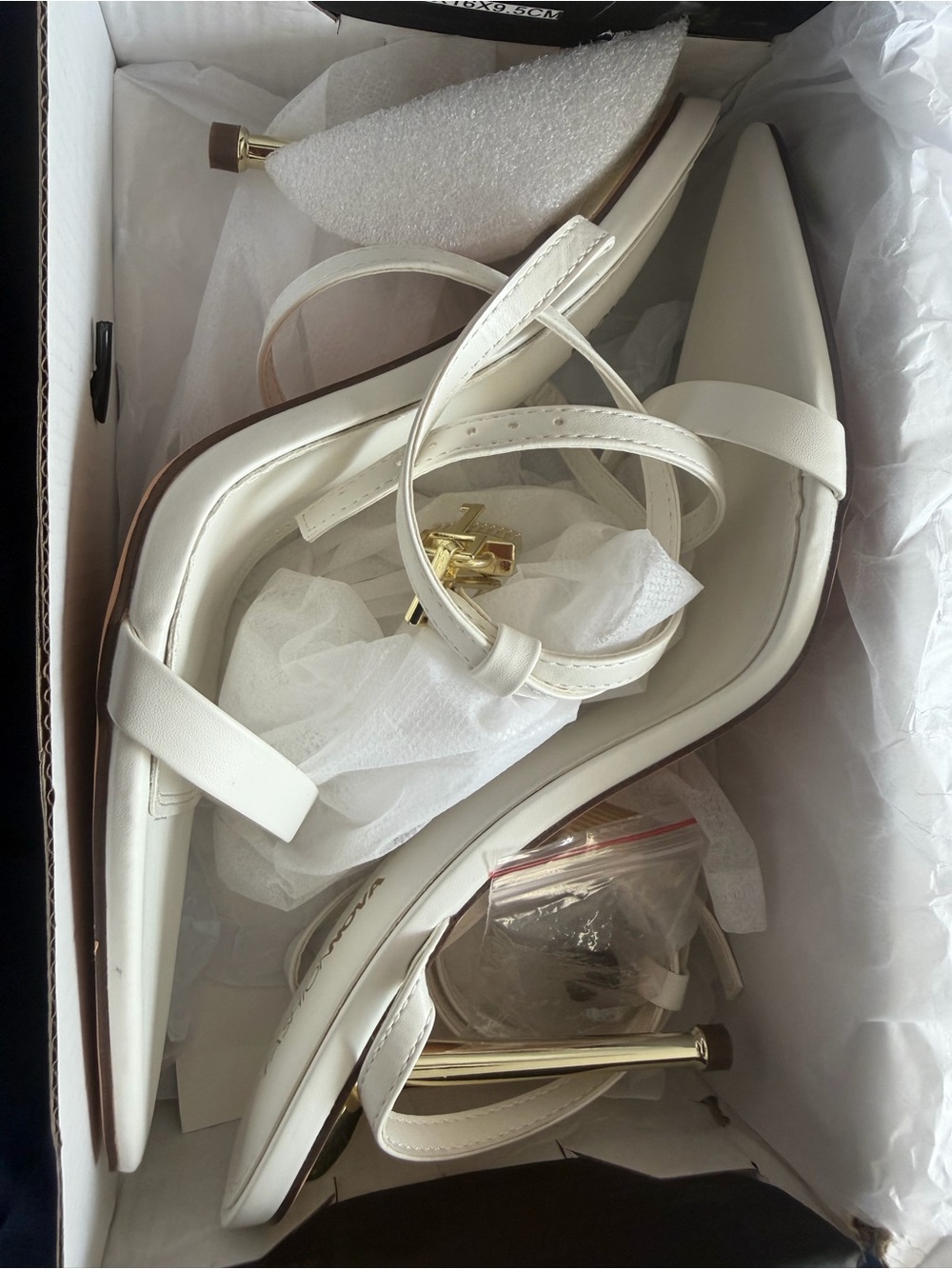 Fashion Nova White Pointed Toe Strappy Heels with Gold Accent